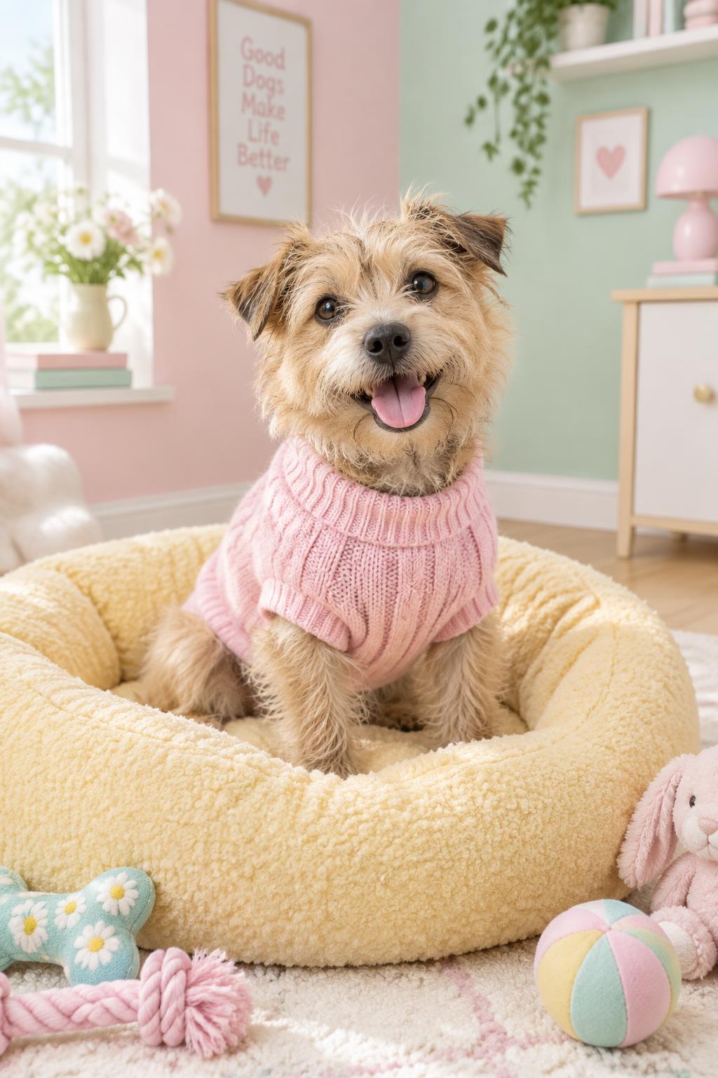 A small terrier in a knitted sweater resting on a soft pet bed