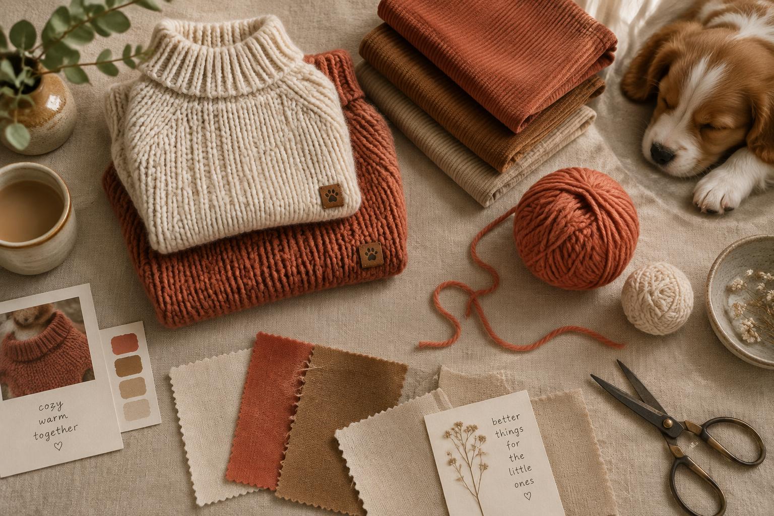 Folded knit sweaters, fabric swatches and yarn laid out on linen beside a sleeping puppy